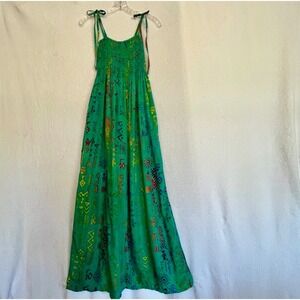 Batik‎ Bali Unique Green Smocked Maxi Sundress Boho Hippie Tie Strap One Size
